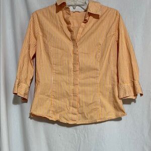 Rider Striped Orange Button-Up Shirt instantly slims 3/4 sleeves size L